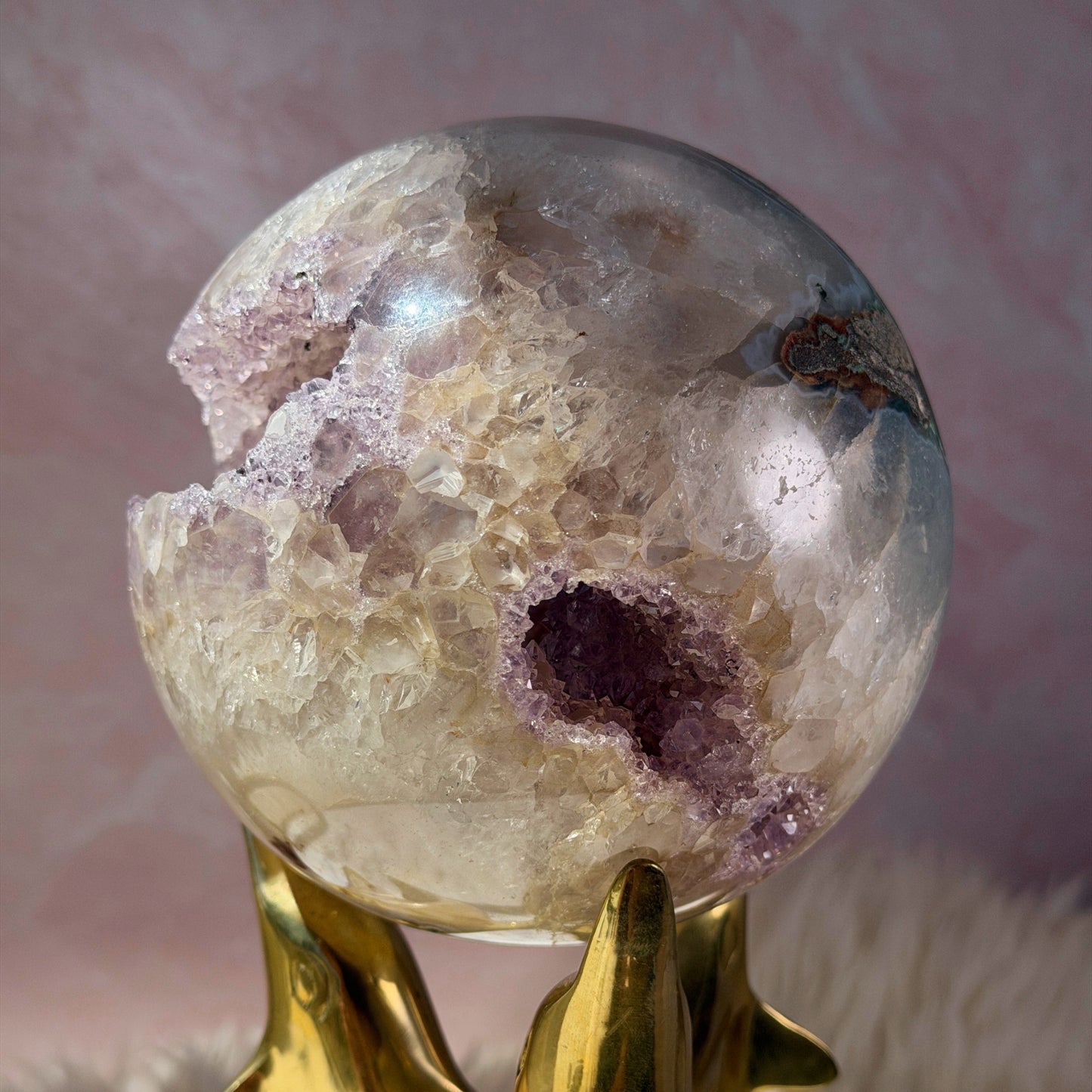 Rainbow Amethyst Sphere with Sugar Druzy on Gold Stand (4.9 lbs)