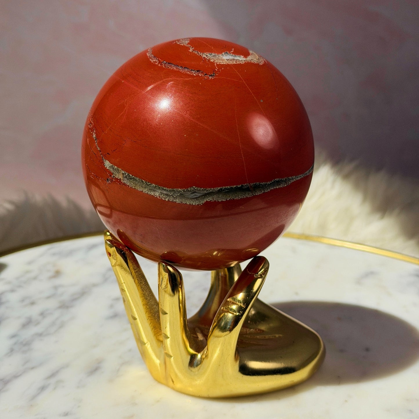 Red Jasper Sphere with Smoky Quartz on Gold Stand (2.9 lbs)