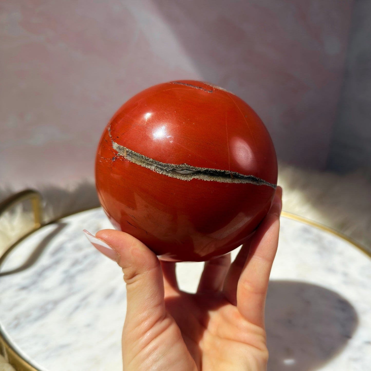 Red Jasper Sphere with Smoky Quartz on Gold Stand (2.9 lbs)
