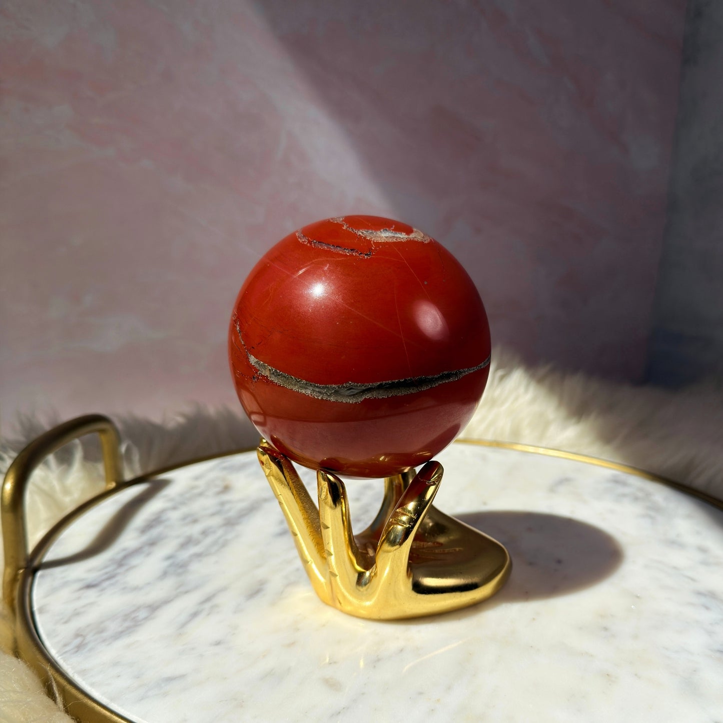 Red Jasper Sphere with Smoky Quartz on Gold Stand (2.9 lbs)