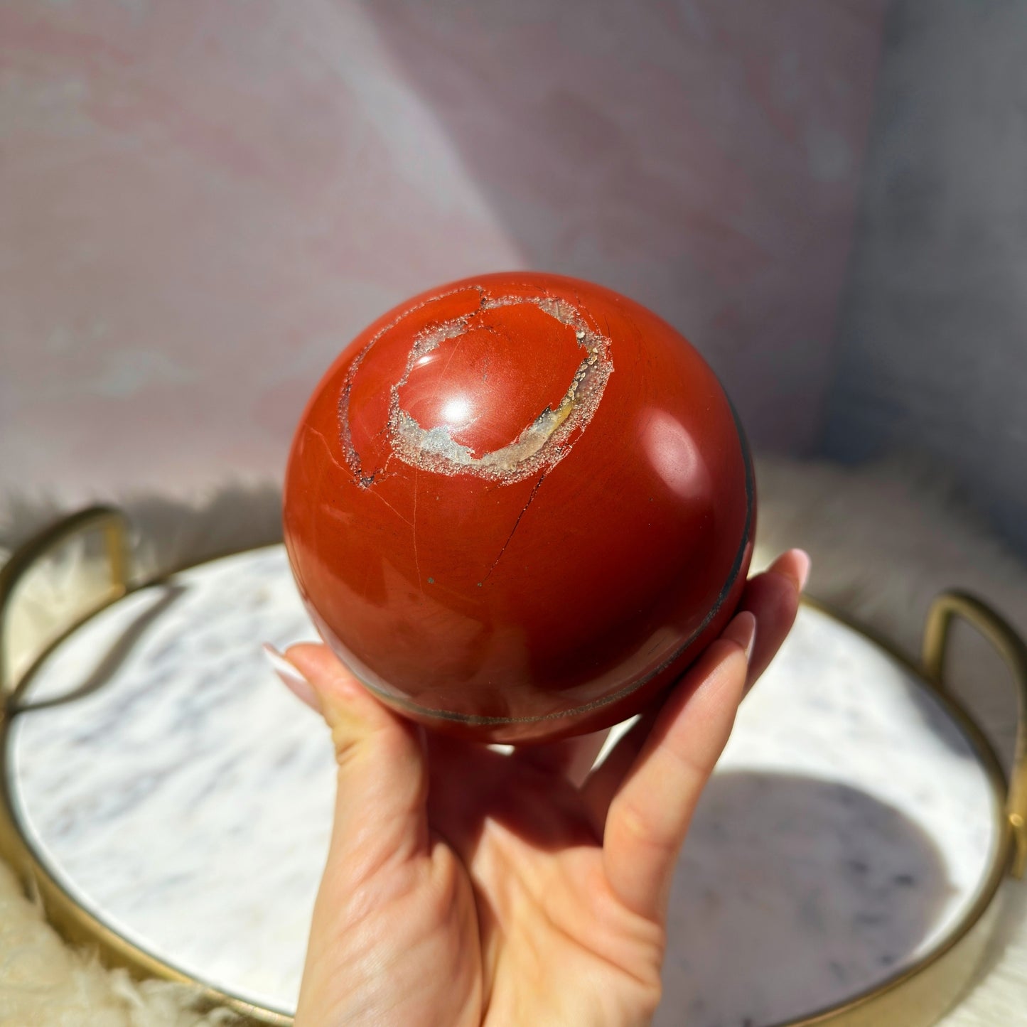 Red Jasper Sphere with Smoky Quartz on Gold Stand (2.9 lbs)