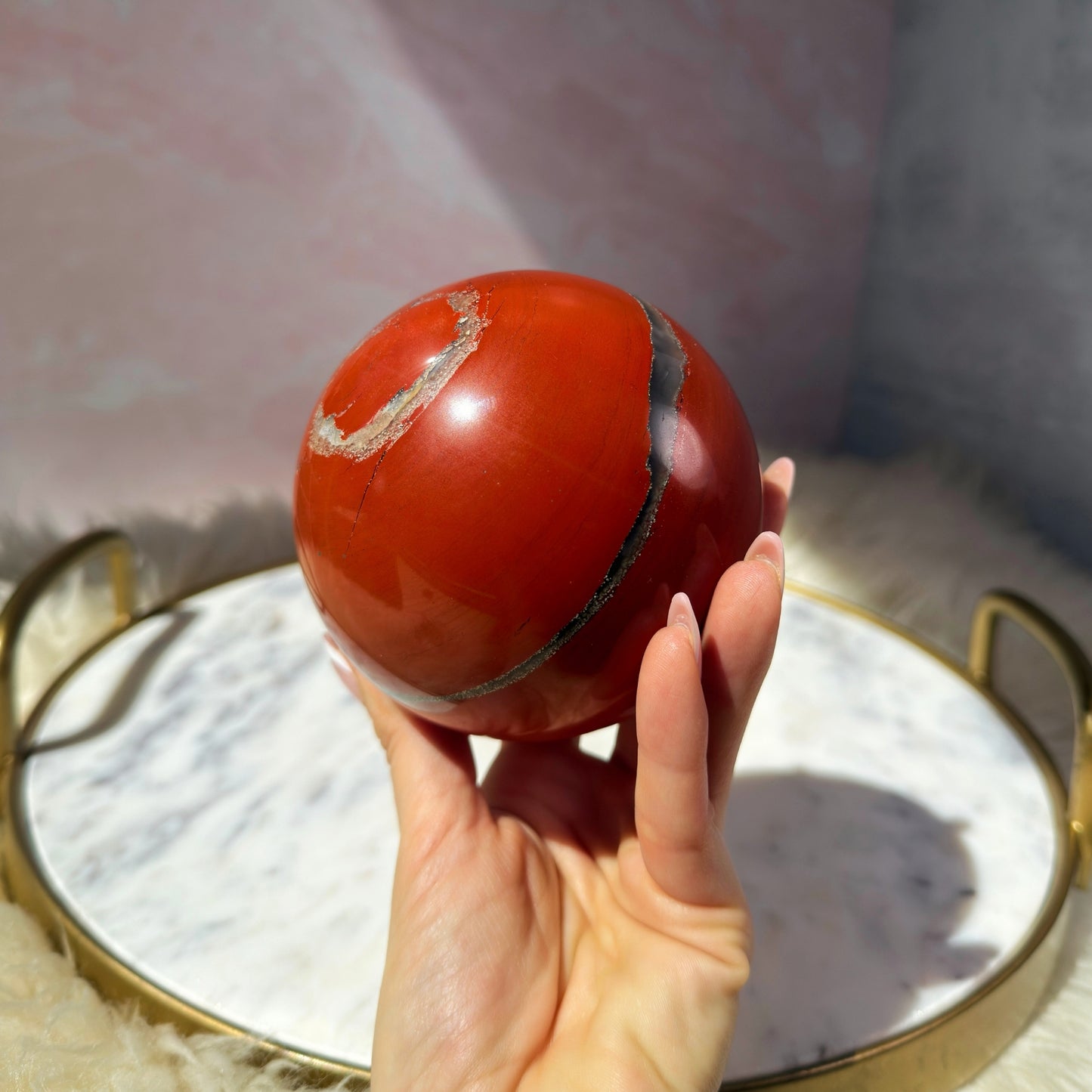 Red Jasper Sphere with Smoky Quartz on Gold Stand (2.9 lbs)
