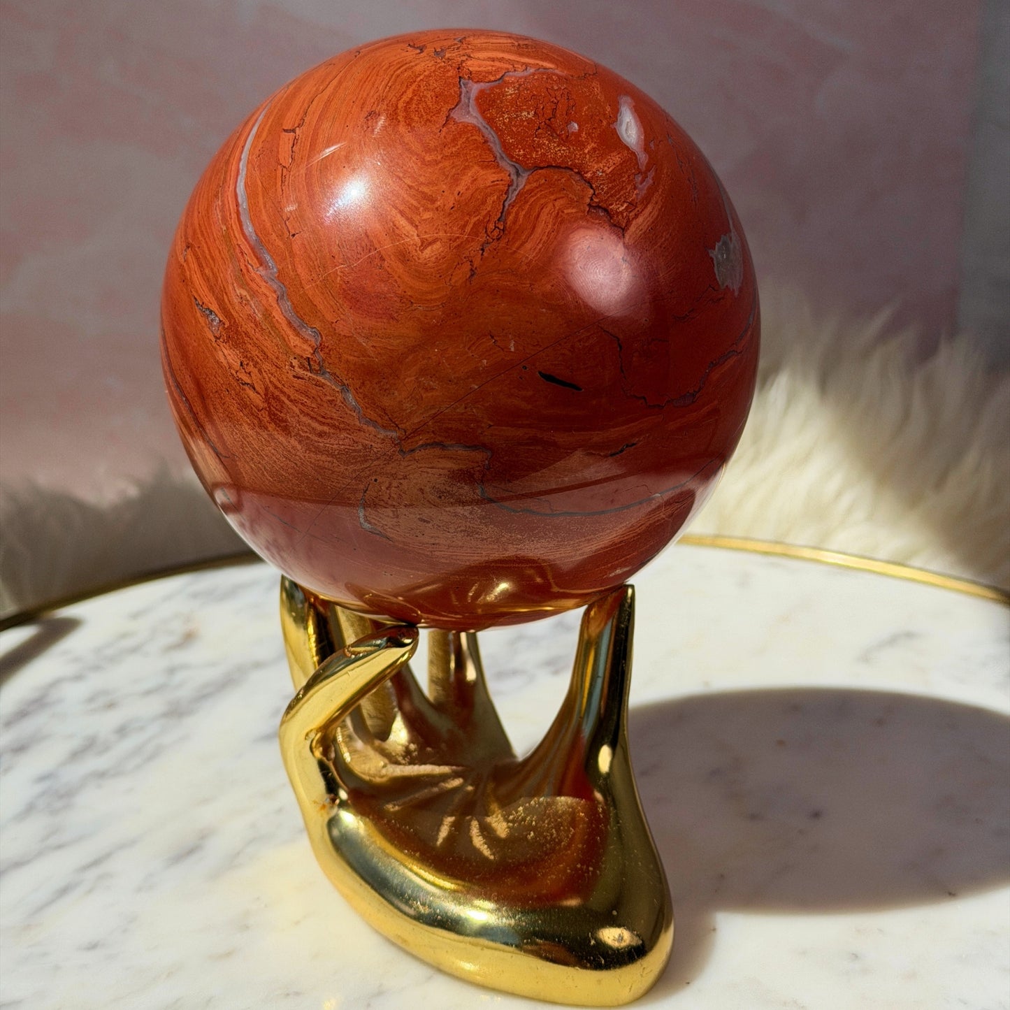 Red Jasper Sphere with Smoky Quartz on Gold Stand (5 lbs)