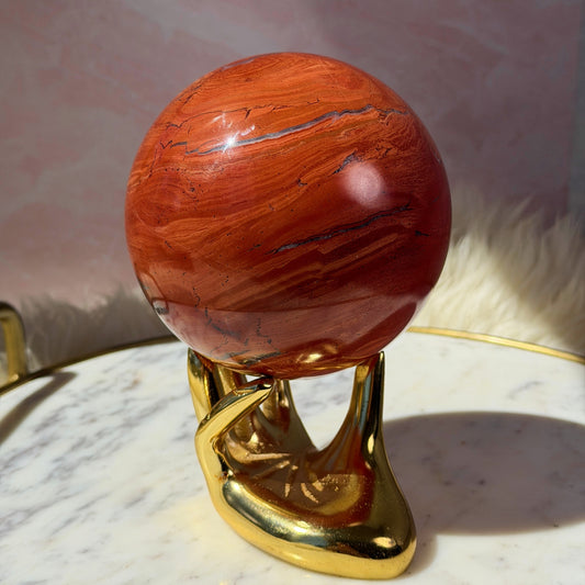 Red Jasper Sphere with Smoky Quartz on Gold Stand (5 lbs)