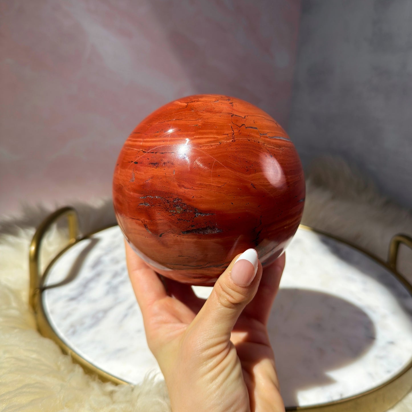 Red Jasper Sphere with Smoky Quartz on Gold Stand (5 lbs)
