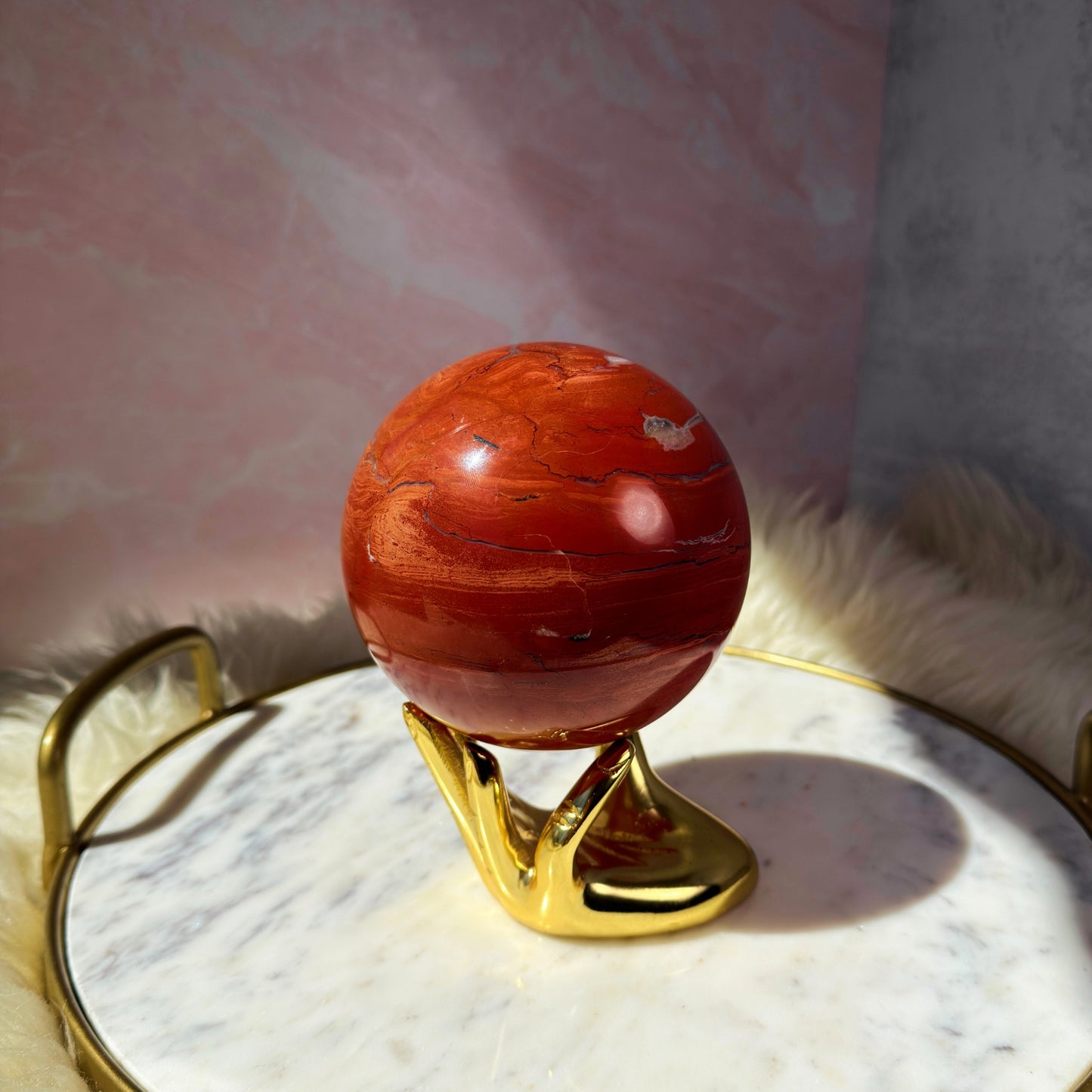 Red Jasper Sphere with Smoky Quartz on Gold Stand (5 lbs)