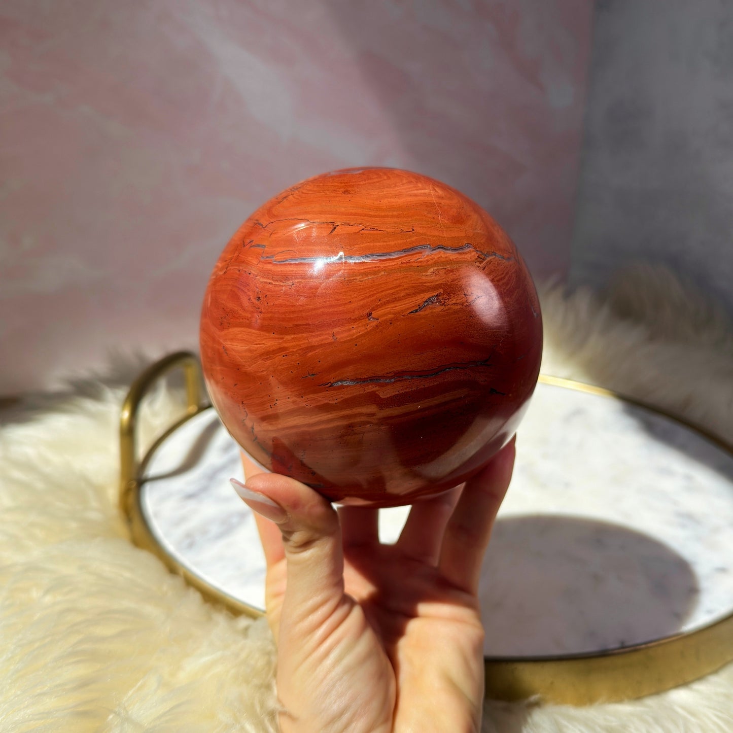 Red Jasper Sphere with Smoky Quartz on Gold Stand (5 lbs)