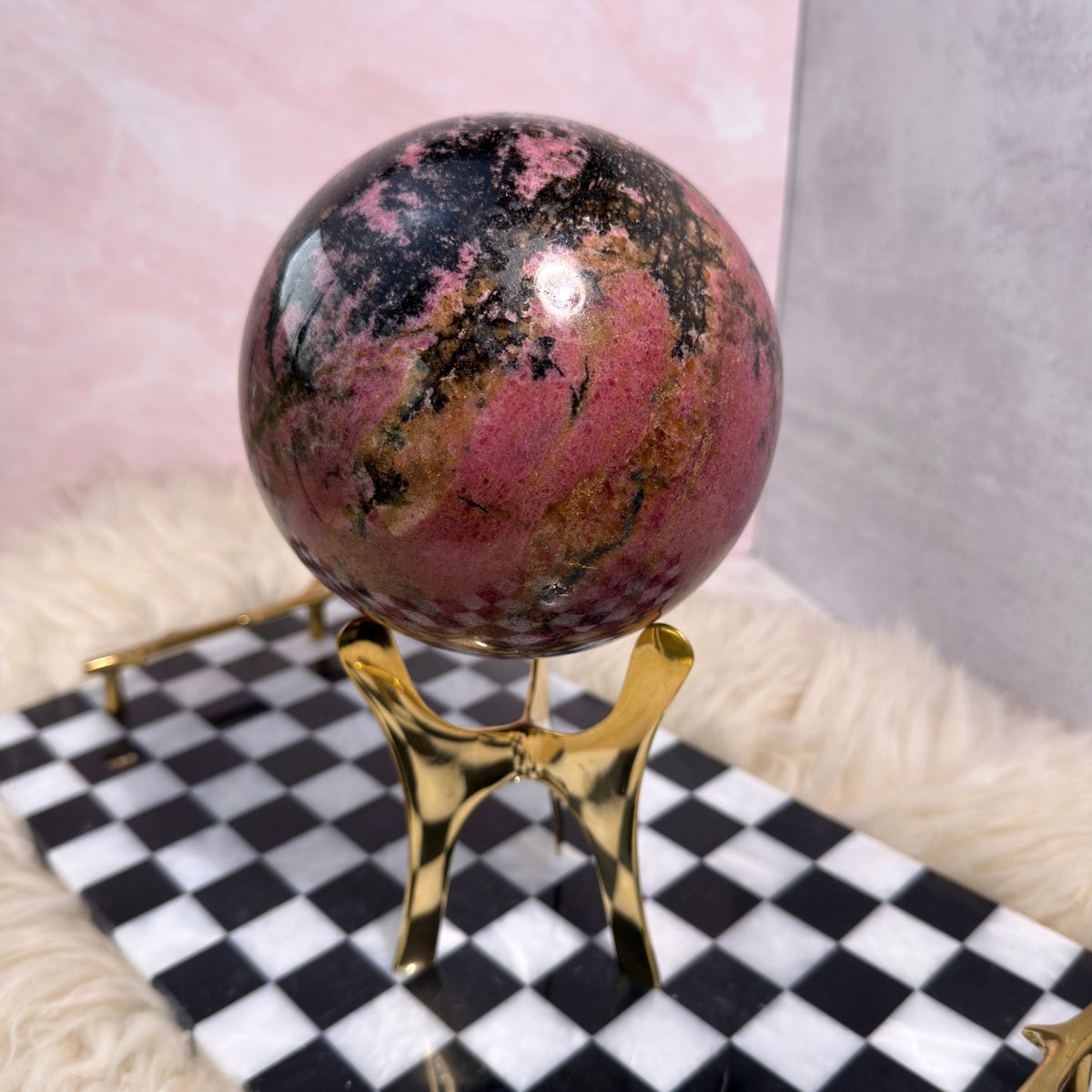 AAA Rhodonite Sphere 8.8 lb on Gold Stand Madagascar Gemstone Decor