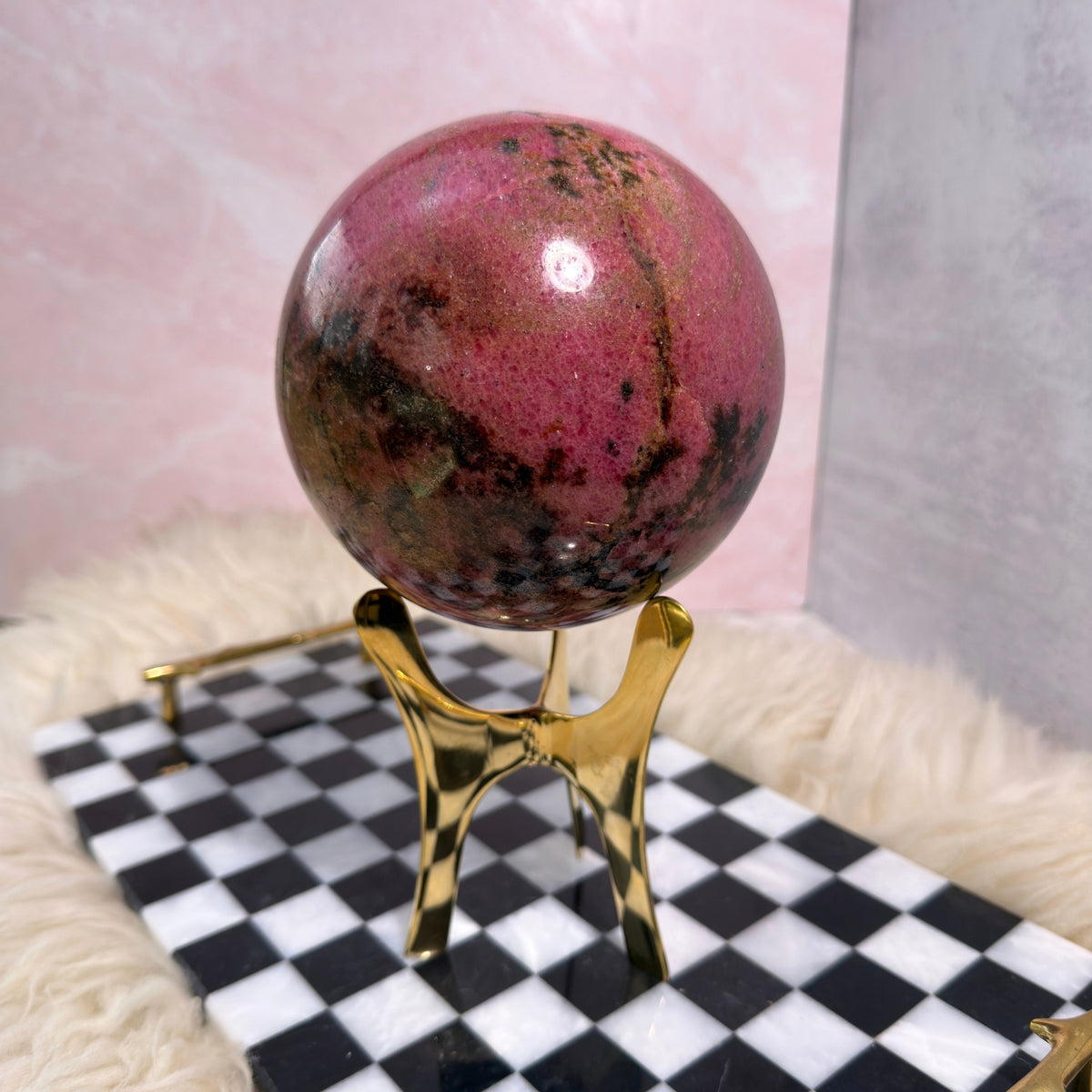AAA Rhodonite Sphere 8.8 lb on Gold Stand Madagascar Gemstone Decor
