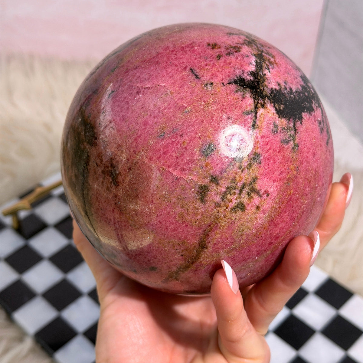 AAA Rhodonite Sphere 8.8 lb on Gold Stand Madagascar Gemstone Decor