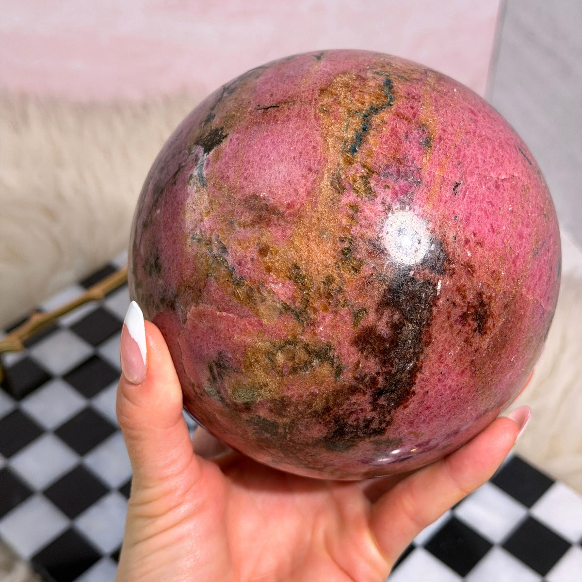 AAA Rhodonite Sphere 8.8 lb on Gold Stand Madagascar Gemstone Decor
