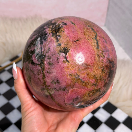 AAA Rhodonite Sphere 8.8 lb on Gold Stand Madagascar Gemstone Decor