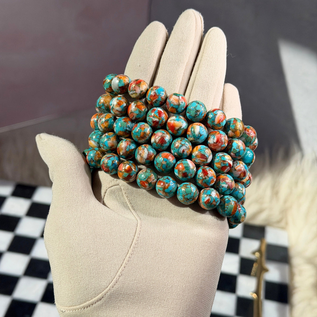 AAA Spiny Oyster with Arizona Blue Turquoise Beaded Bracelet  (Bead size: 10mm)
