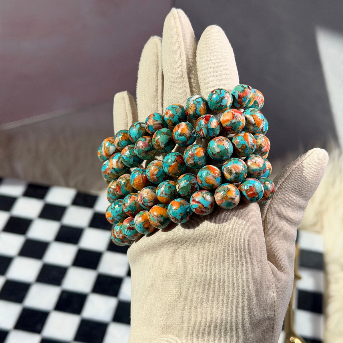 AAA Spiny Oyster with Arizona Blue Turquoise Beaded Bracelet  (Bead size: 10mm)
