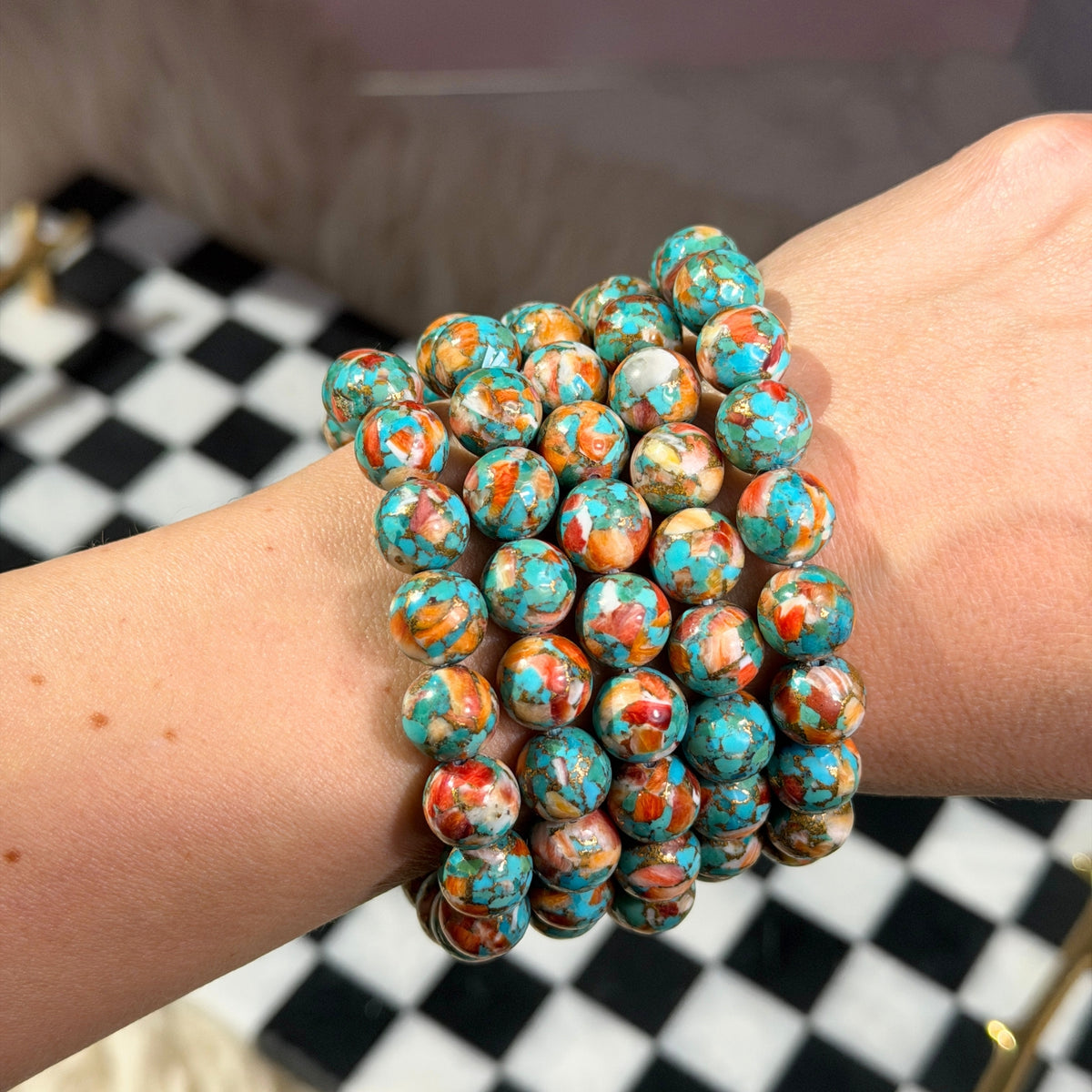 AAA Spiny Oyster with Arizona Blue Turquoise Beaded Bracelet  (Bead size: 10mm)