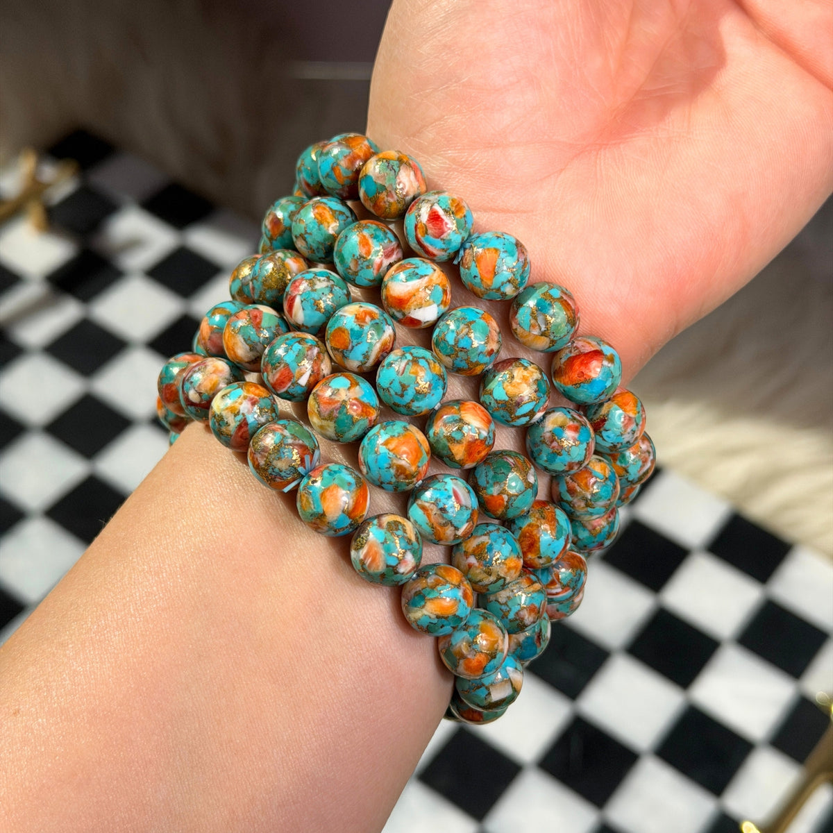 AAA Spiny Oyster with Arizona Blue Turquoise Beaded Bracelet  (Bead size: 10mm)
