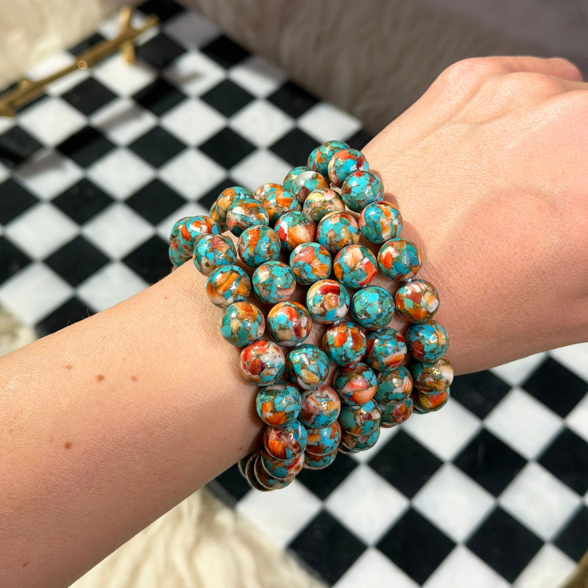AAA Spiny Oyster with Arizona Blue Turquoise Beaded Bracelet  (Bead size: 10mm)