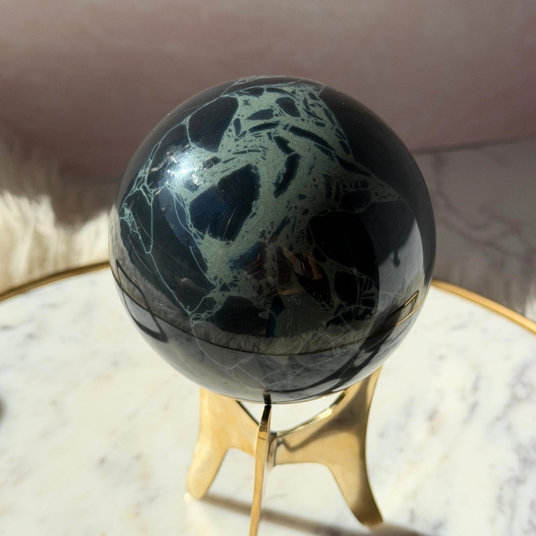 Spider Web Obsidian Sphere 2.33 lb on Gold Stand Crystal Decor