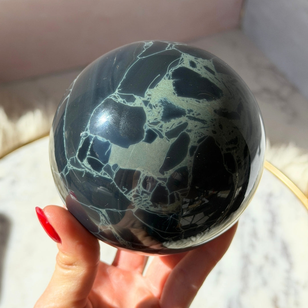 Spider Web Obsidian Sphere 2.33 lb on Gold Stand Crystal Decor