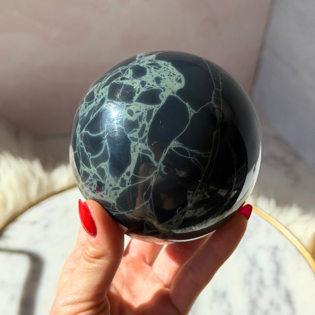 Spider Web Obsidian Sphere 2.33 lb on Gold Stand Crystal Decor