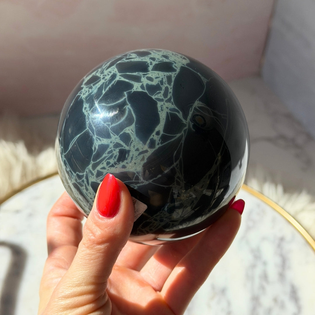 Spider Web Obsidian Sphere 2.33 lb on Gold Stand Crystal Decor