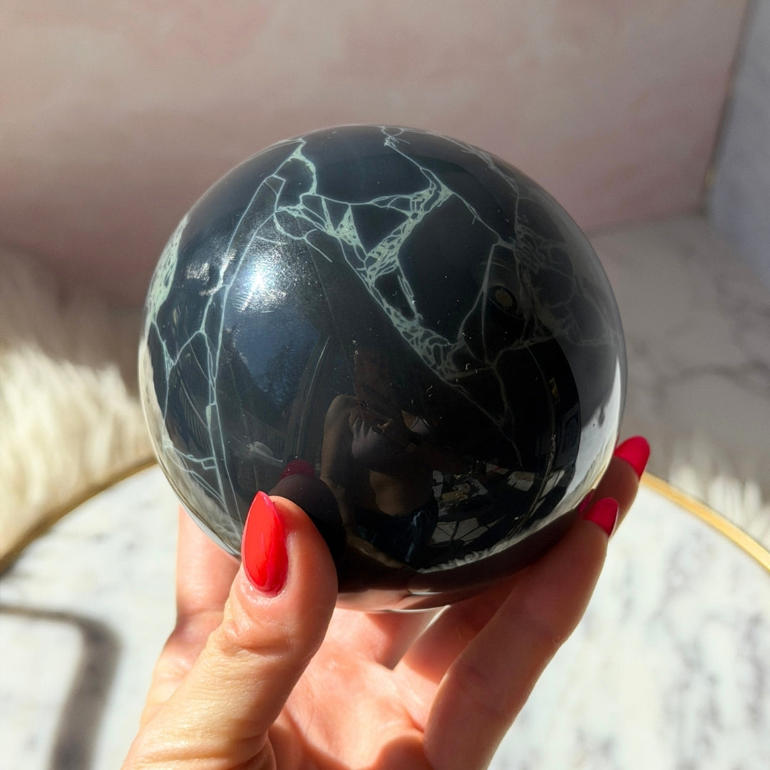 Spider Web Obsidian Sphere 2.33 lb on Gold Stand Crystal Decor