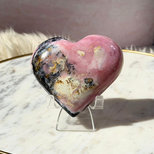 Strawberry Pink Opal Heart with Acrylic Stand 0.9 lb | Peru
