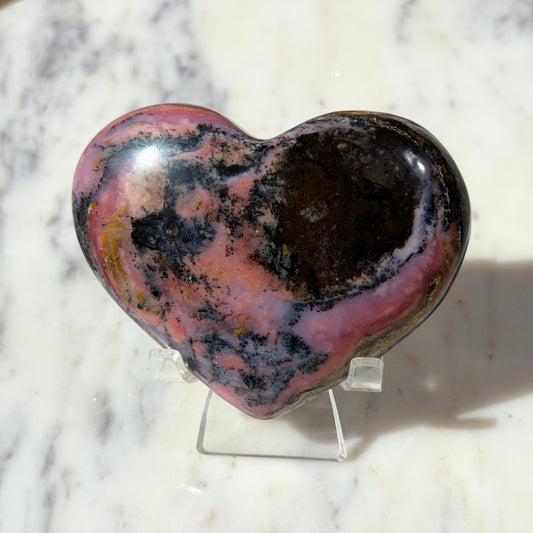 Strawberry Pink Opal Heart with Acrylic Stand 0.6 lb | Peru