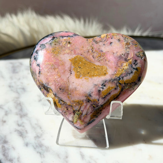 Strawberry Pink Opal Heart with Acrylic Stand 0.5 lb | Peru