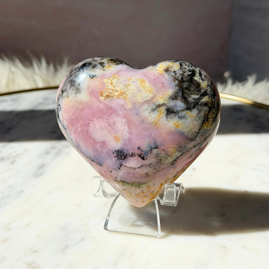 Strawberry Pink Opal Heart with Acrylic Stand 0.7 lb | Peru