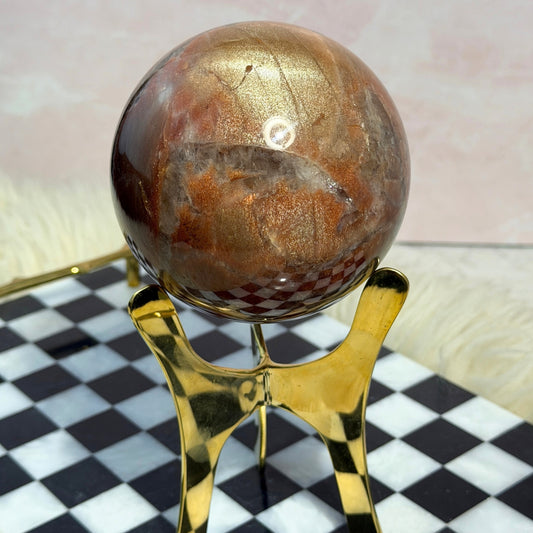 AAA Arusha Sunstone Sphere 2.7lb on Gold Stand Tanzania Crystal Decor