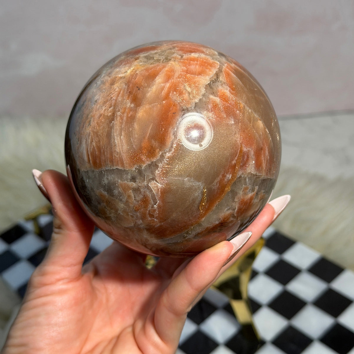 AAA Arusha Sunstone Sphere 2.7lb on Gold Stand Tanzania Crystal Decor