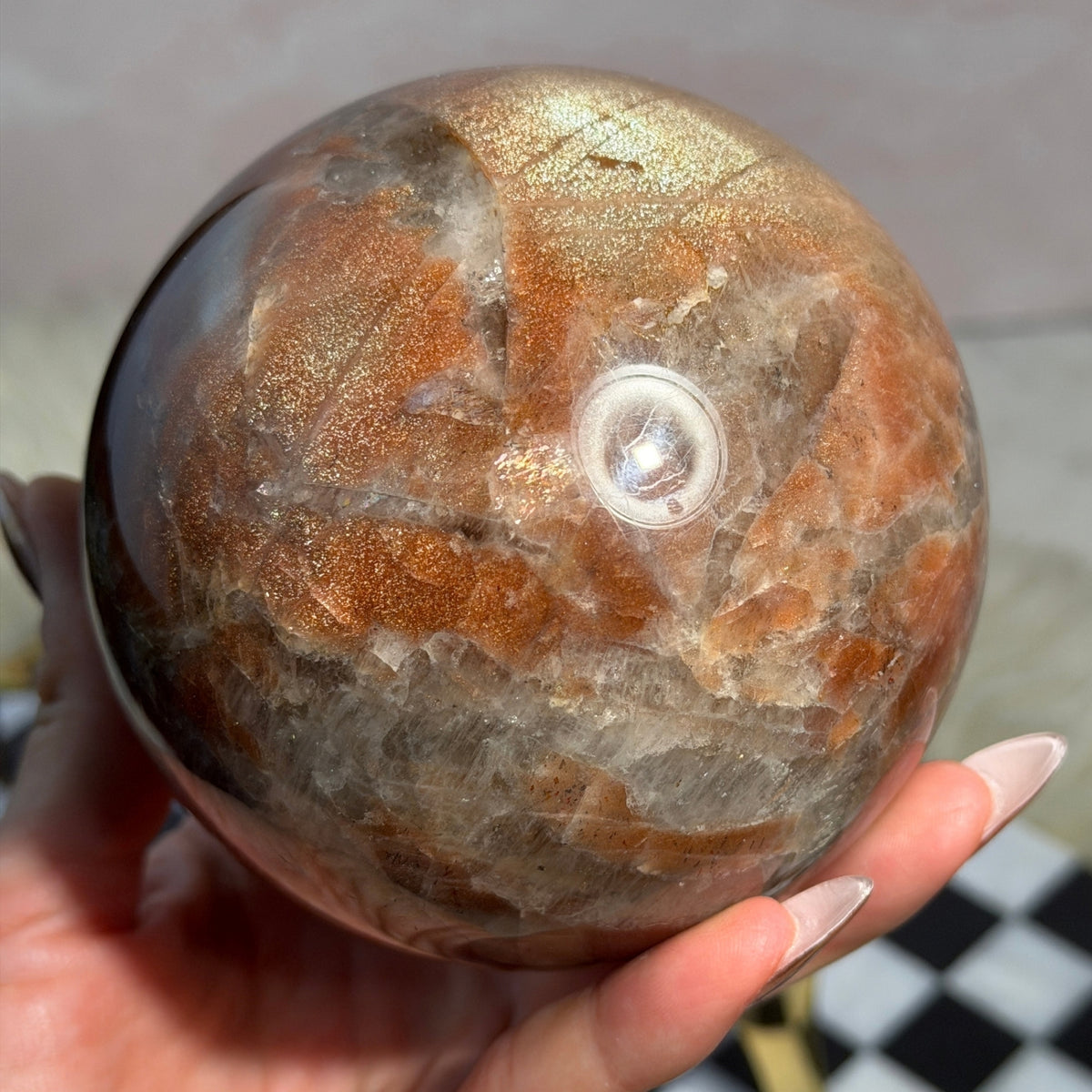 AAA Arusha Sunstone Sphere 2.7lb on Gold Stand Tanzania Crystal Decor