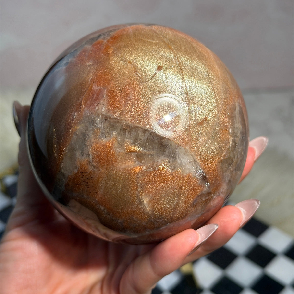 AAA Arusha Sunstone Sphere 2.7lb on Gold Stand Tanzania Crystal Decor