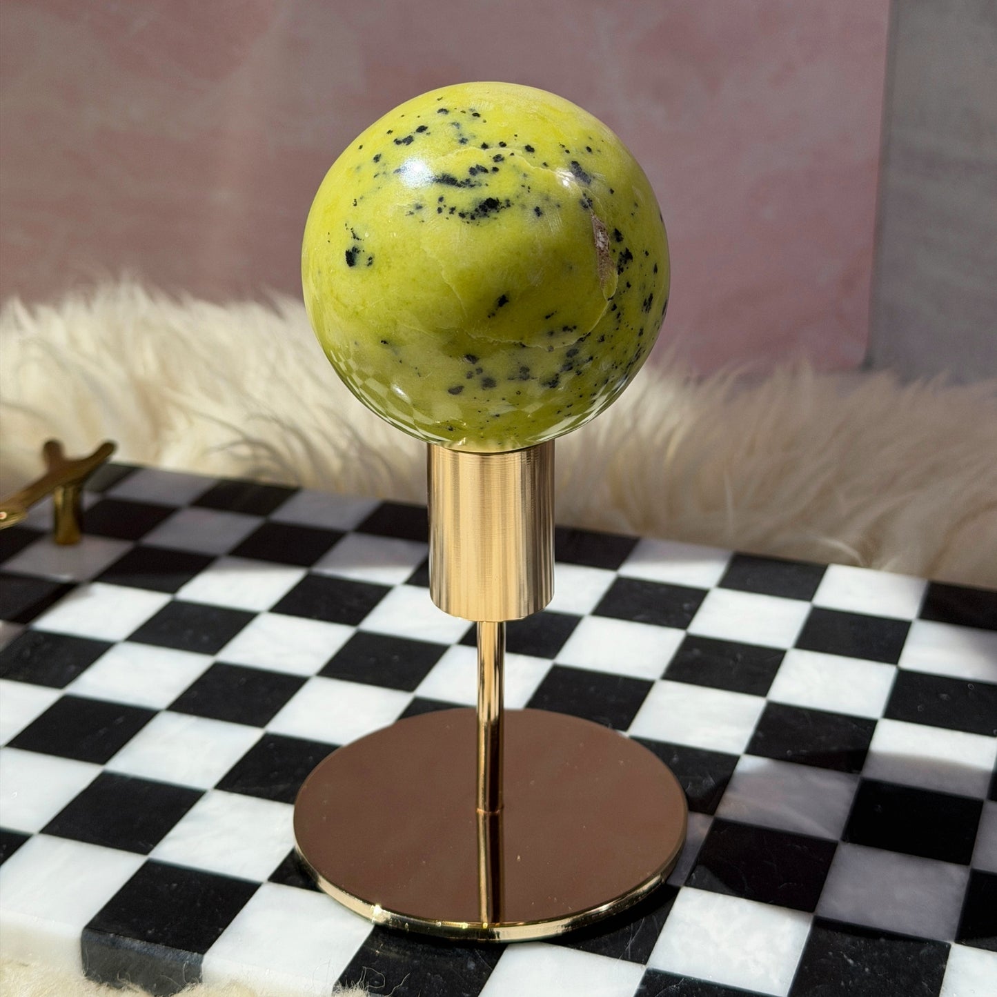 Serpentine Sphere 1lb with Gold Stand | Natural Madagascar Crystal