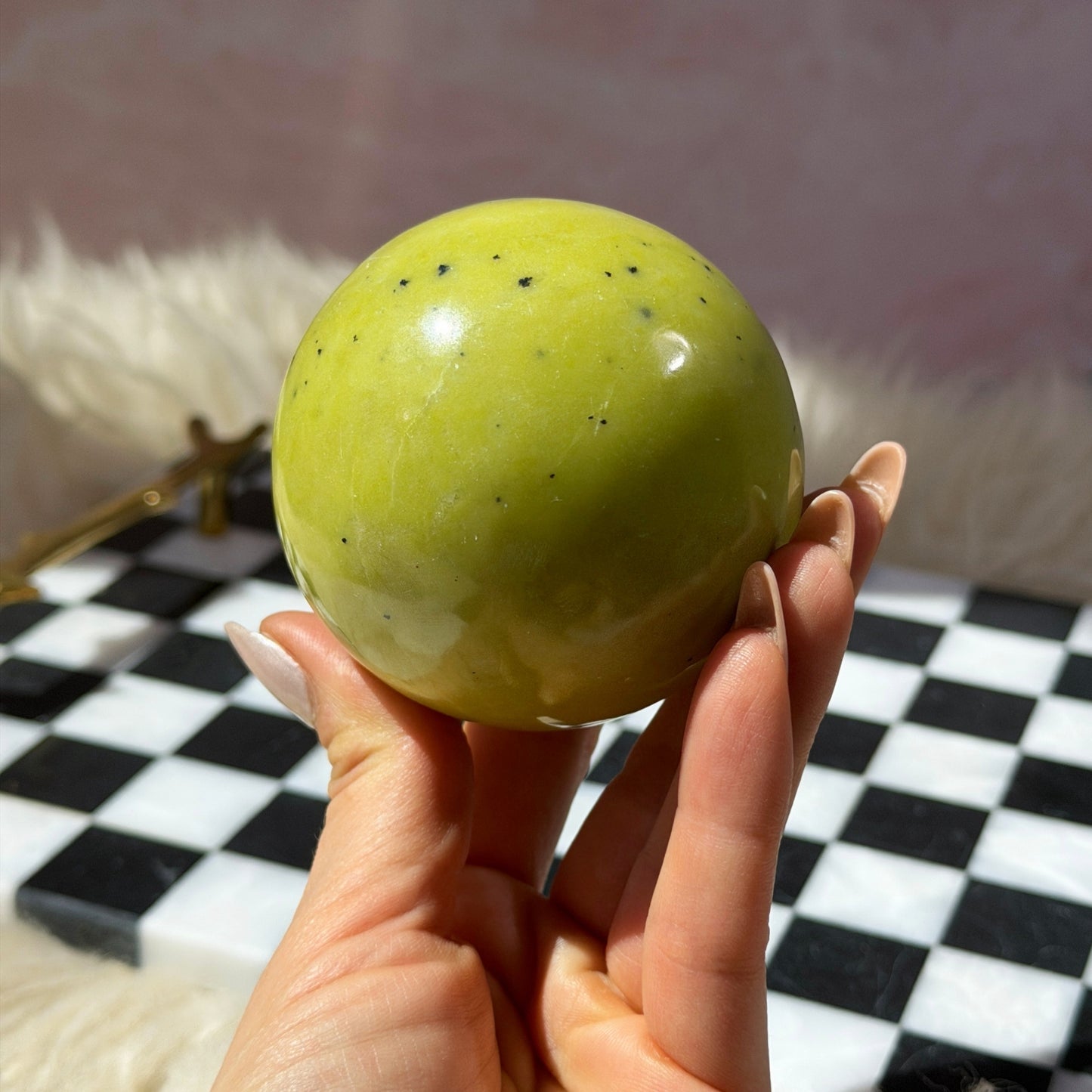 Serpentine Sphere 1lb with Gold Stand | Natural Madagascar Crystal