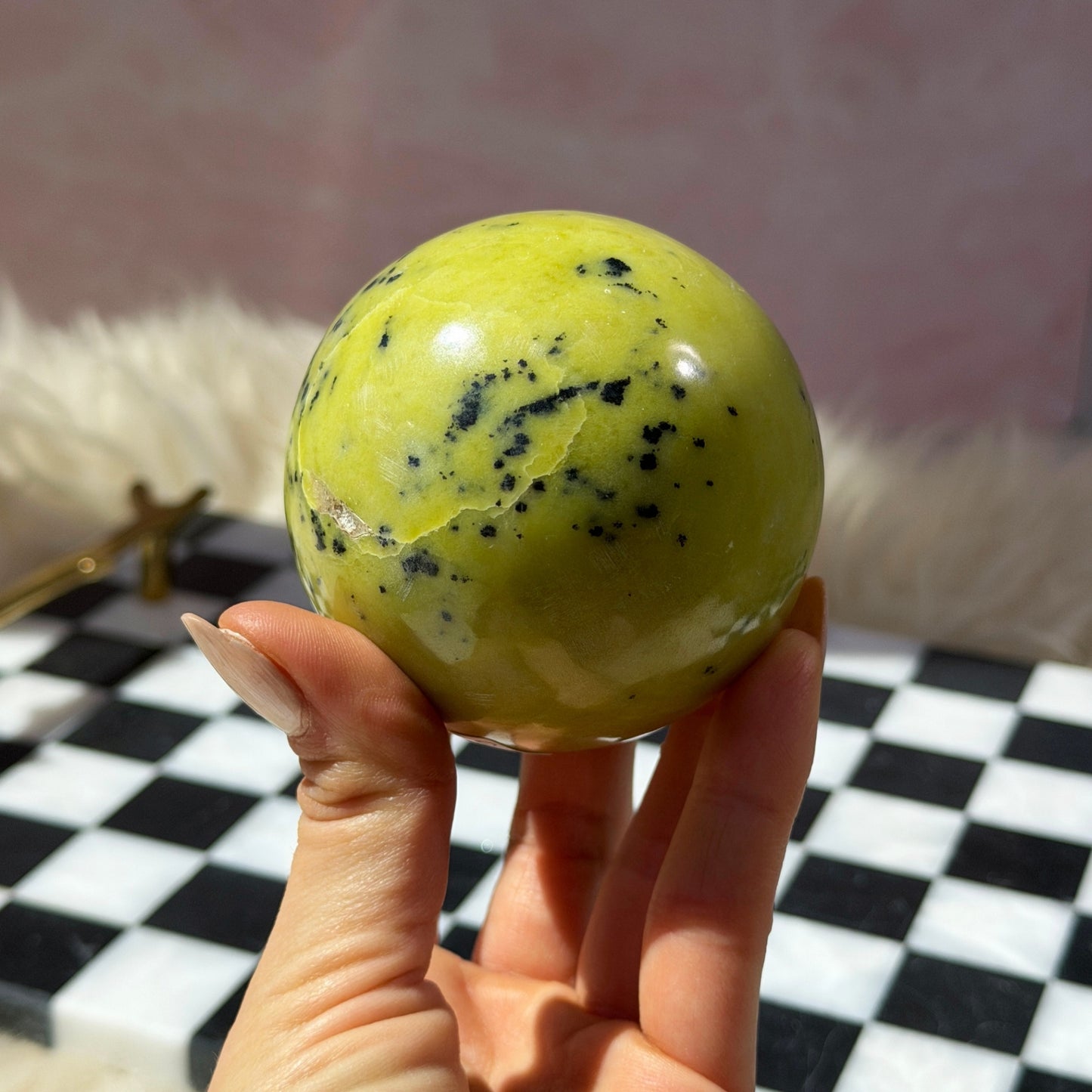 Serpentine Sphere 1lb with Gold Stand | Natural Madagascar Crystal