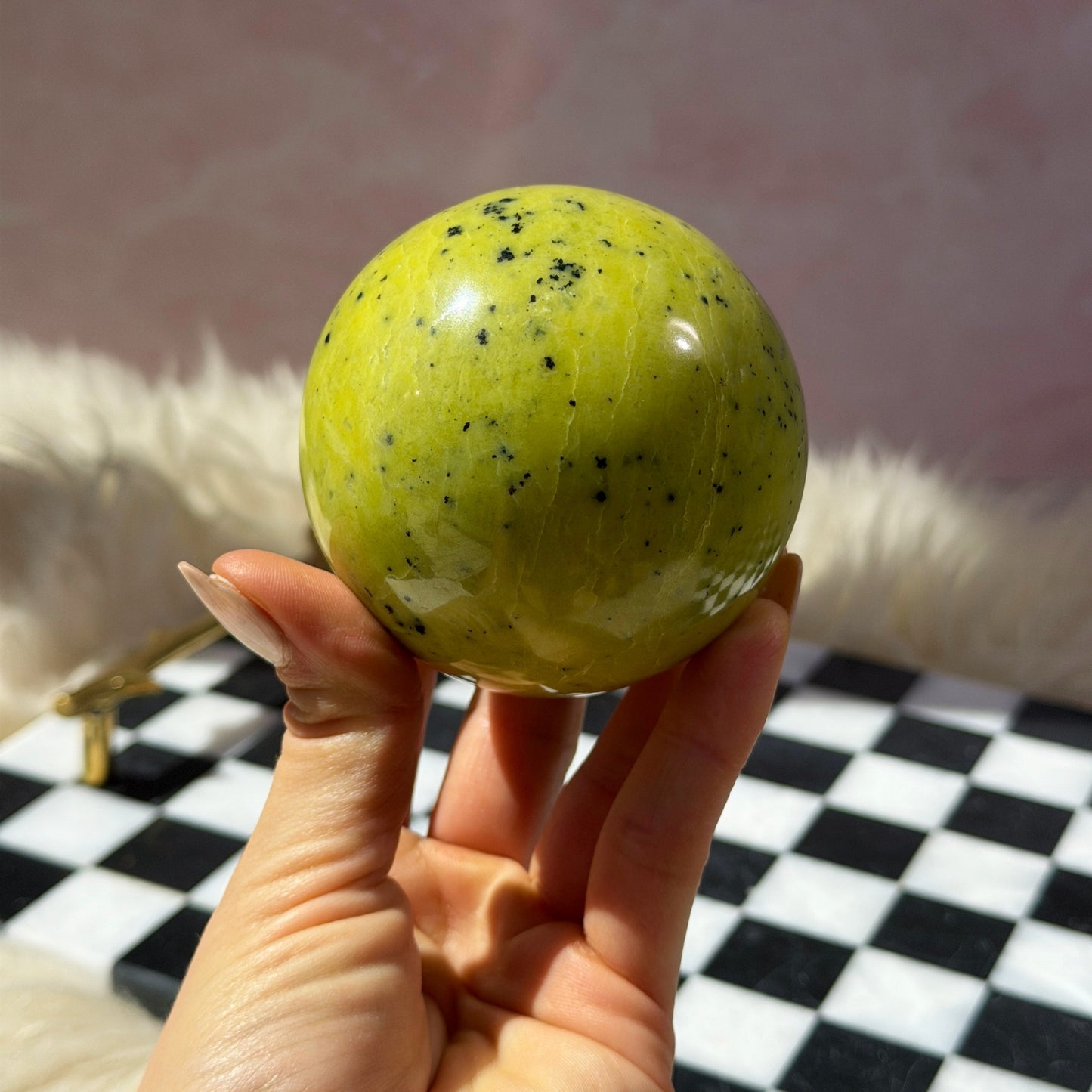 Serpentine Sphere 1lb with Gold Stand | Natural Madagascar Crystal