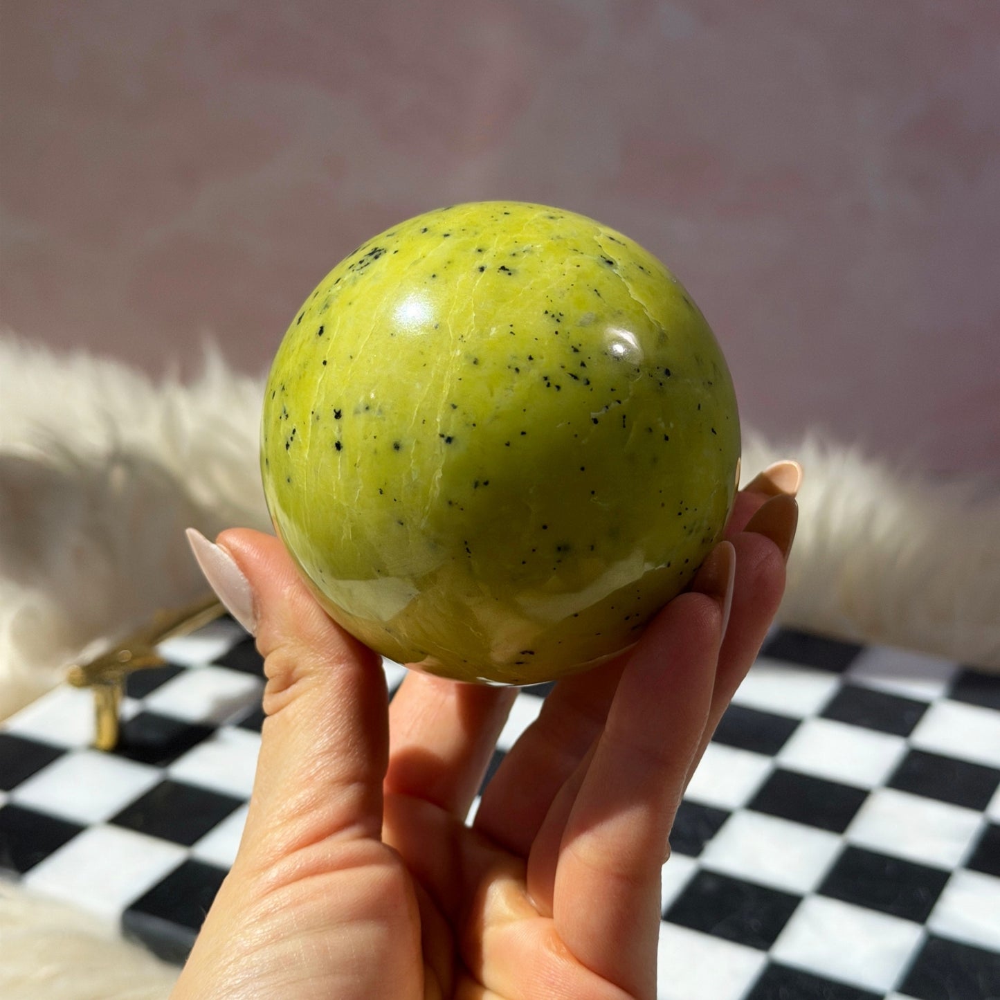 Serpentine Sphere 1lb with Gold Stand | Natural Madagascar Crystal