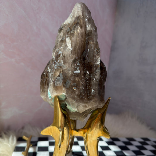 Smoky Quartz Point with Amazonite on Gold Dolphin Stand 2.85lb | USA Crystal
