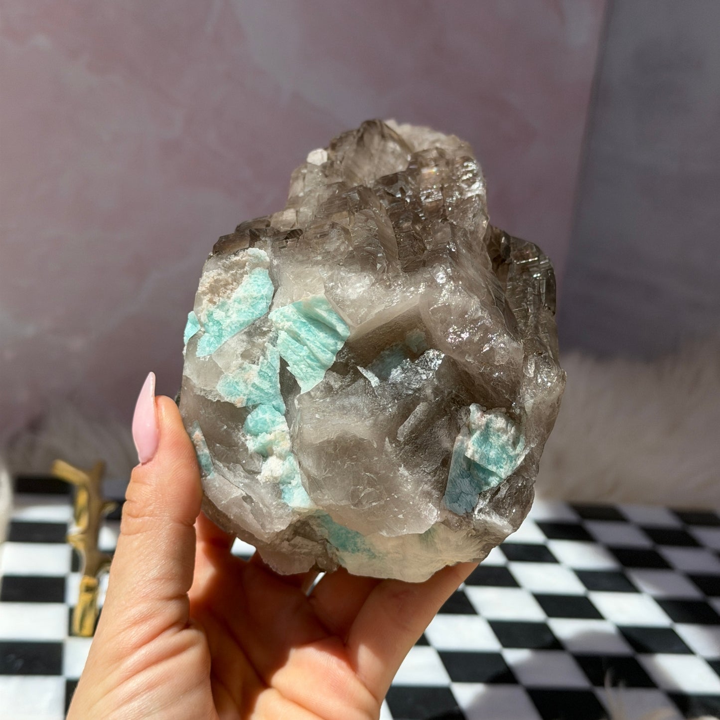 Smoky Quartz Point with Amazonite on Gold Dolphin Stand 2.85lb | USA Crystal