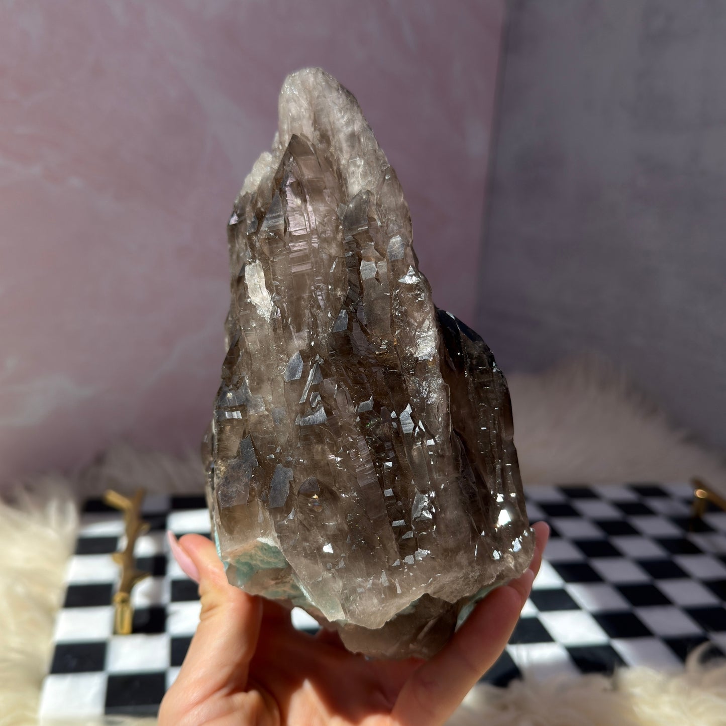 Smoky Quartz Point with Amazonite on Gold Dolphin Stand 2.85lb | USA Crystal