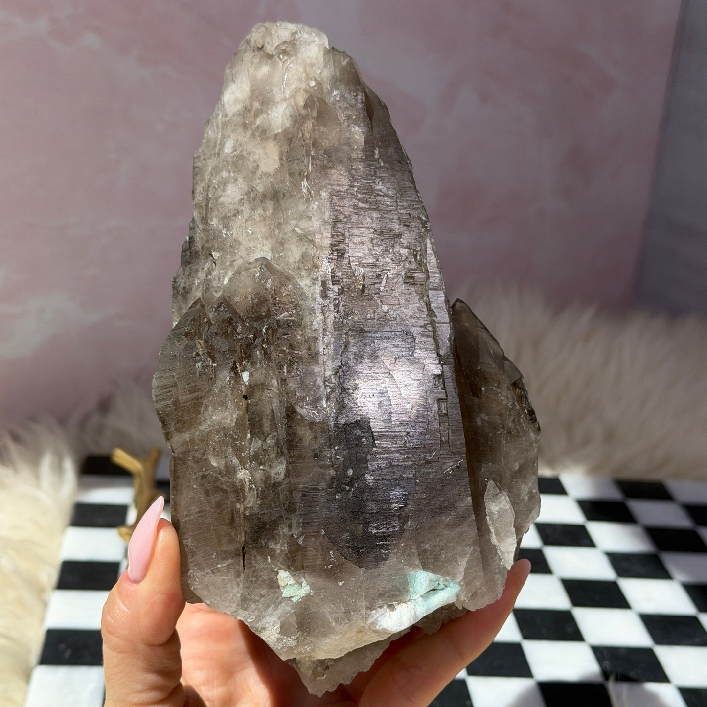 Smoky Quartz Point with Amazonite on Gold Dolphin Stand 2.85lb | USA Crystal