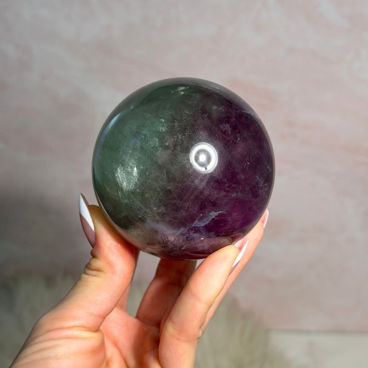 Watermelon Fluorite Sphere 1.4lb with Gold Stand Namibia Crystal Decor
