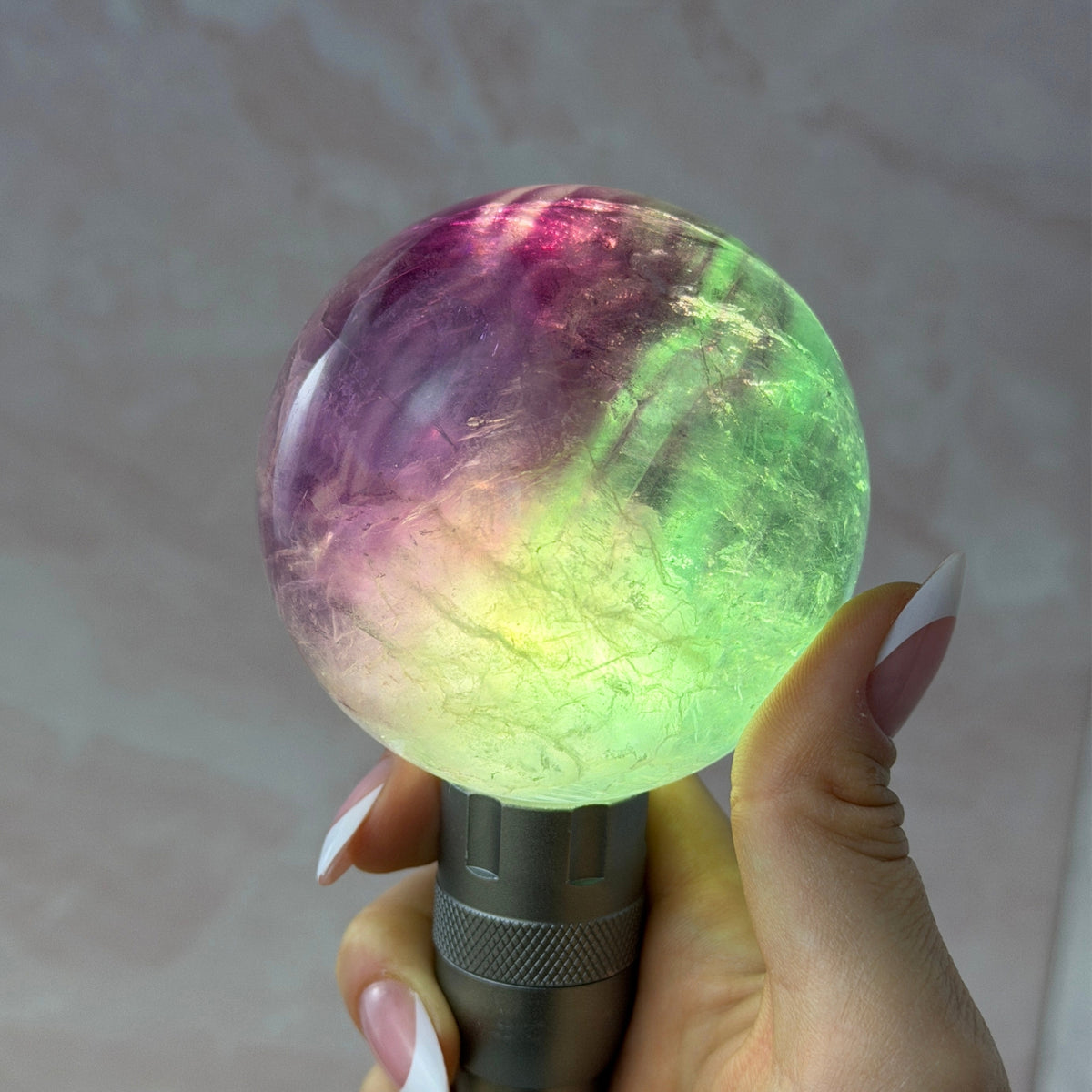 Watermelon Fluorite Sphere 1.4lb with Gold Stand Namibia Crystal Decor