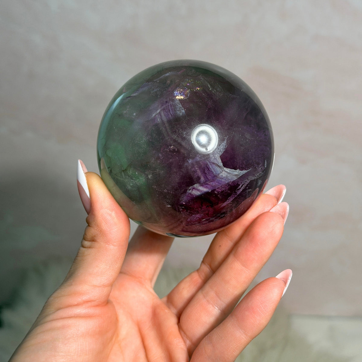 Watermelon Fluorite Sphere 1.4lb with Gold Stand Namibia Crystal Decor