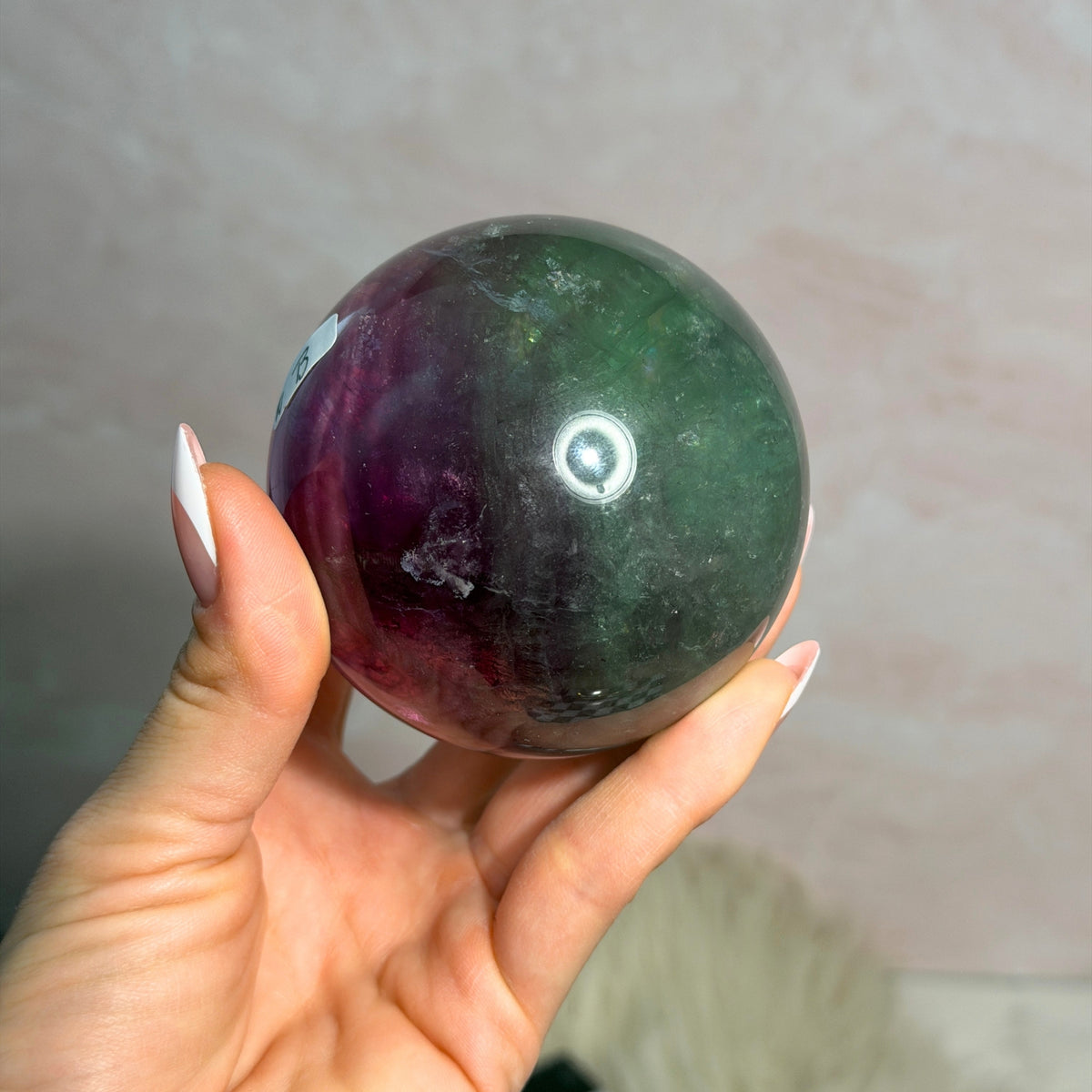 Watermelon Fluorite Sphere 1.4lb with Gold Stand Namibia Crystal Decor