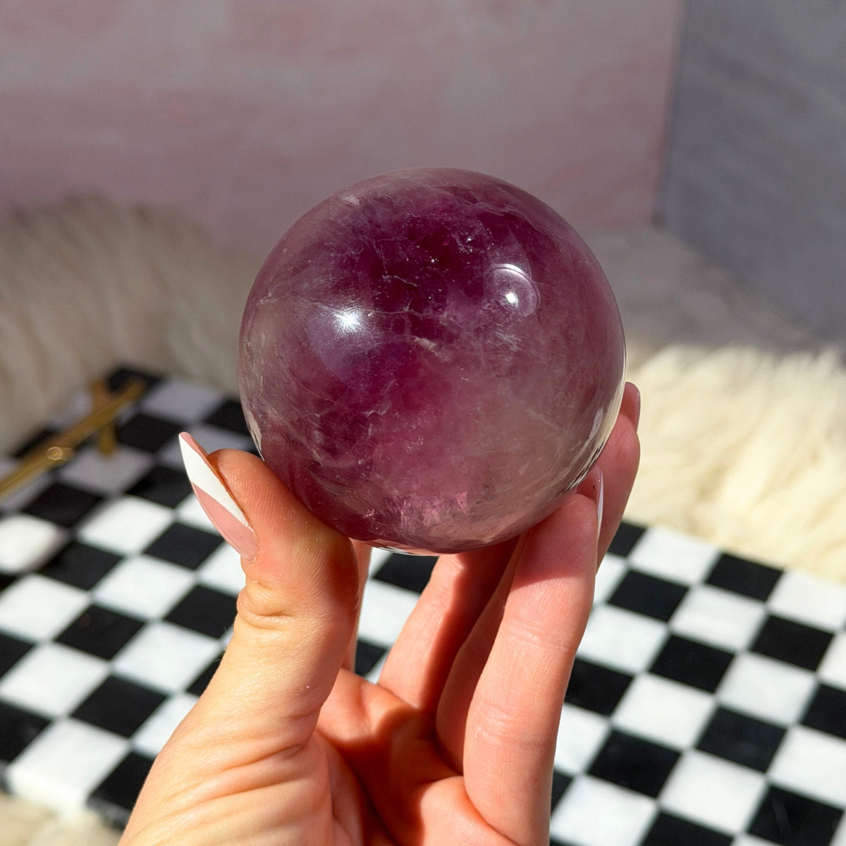 Watermelon Fluorite Sphere 0.85 lb with Gold Stand Namibia Crystal Decor