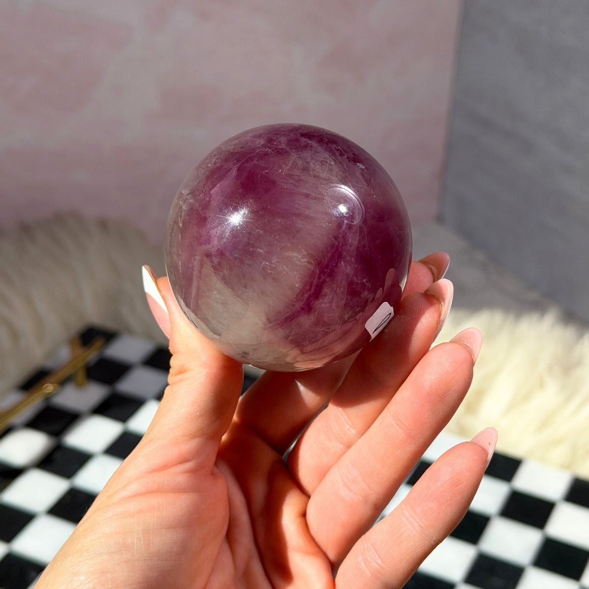 Watermelon Fluorite Sphere 0.85 lb with Gold Stand Namibia Crystal Decor