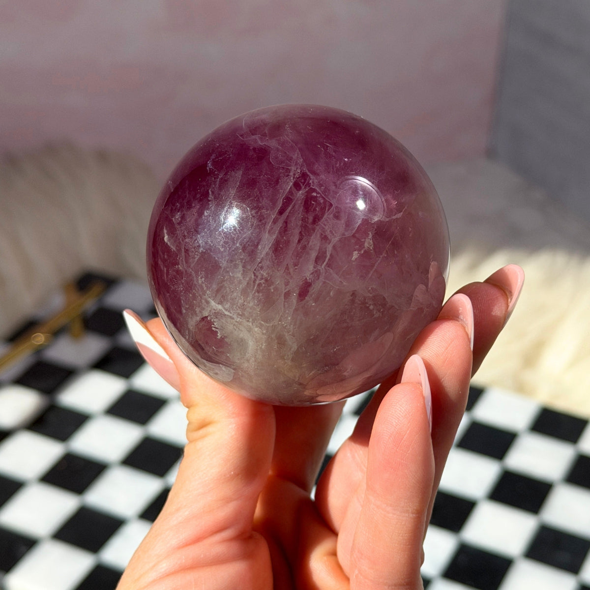 Watermelon Fluorite Sphere 0.85 lb with Gold Stand Namibia Crystal Decor